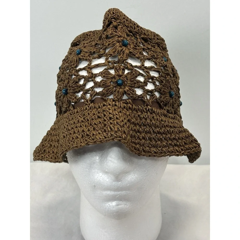 Unbranded Crochet Raffia Bucket Hat Women's Blue Bead Y2K Hippie Indie Grunge